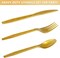 350-piece gold party supplies set, designed for 50 guests. Includes 50 dinner plates, 50 dessert plates, 50 silverware sets, 50 9oz cups, and 50 napkins. Perfect for weddings, parties, and events, featuring heavy-duty utensils for a stylish and conve